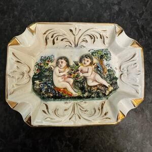 Vintage Capodimonte Italy Adam & Eve Porcelain Trinket Dish Gold Trim #3538